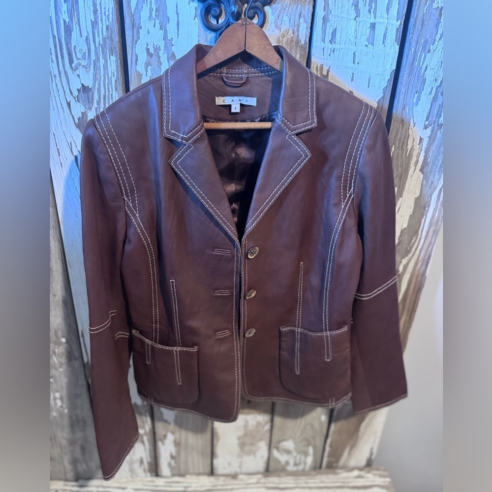 CAbi Brown Leather Blazer with Stitching Size 8 100% Leather